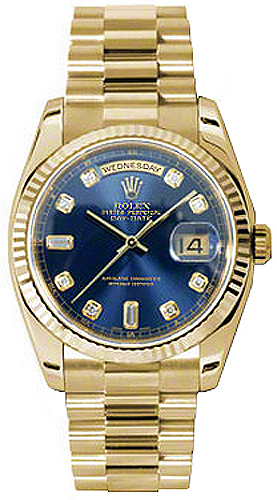 repliche Orologio Rolex Day-Date 36 in oro massiccio scanalato con diamante blu 118238