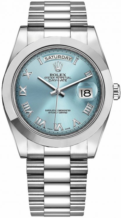 repliche Orologio Rolex Day-Date 41 da uomo con quadrante in numeri romani blu ghiaccio 218206