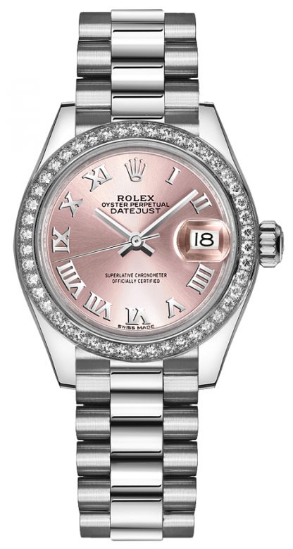 repliche Orologio Rolex Lady-Datejust 28 in oro rosa con numeri romani in platino e diamanti 279136RBR