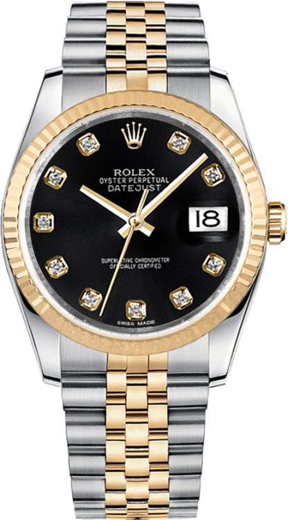 repliche Orologio da donna Rolex Datejust 36 quadrante nero in oro e acciaio con diamanti 116233